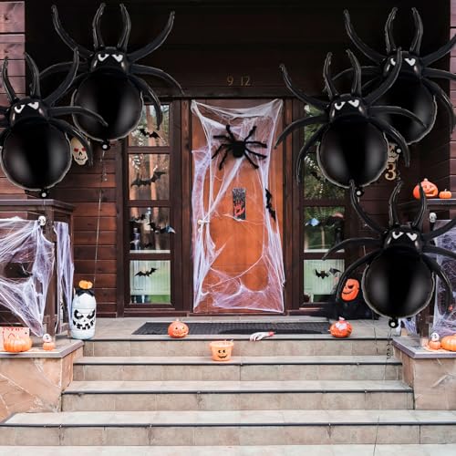 Black Spider Balloons - 33 Inch Halloween Foil Decorations - Pack of 6