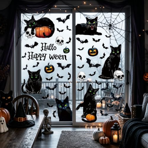 Halloween Window Clings - Black Cat Pumpkin Bat 6 Sheets Indoor Outdoor Decor - Variation: Black
