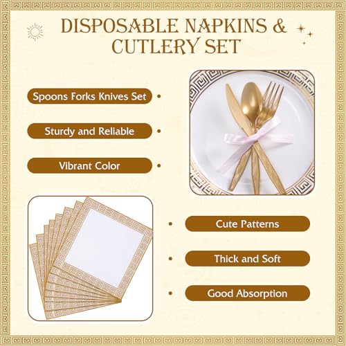 Greek Mythology Party Supplies Set - Gold Theme for 24 Guests, Includes Plates, Napkins, Cutlery, Variations Available