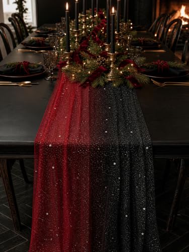 Black & Red Sequin Sheer Table Runner 120 Inch - 6pcs, Gauze Tulle Holiday & Wedding Decor