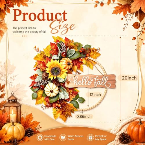 20 Inch Fall Wreath with Wooden Beads and Autumn Decorations - Front Door Decor