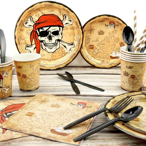 Pirate Party Decorations Kit for Kids - Plates, Cups, Napkins, Tablecloth, Balloons, Backdrop, Cake Toppers