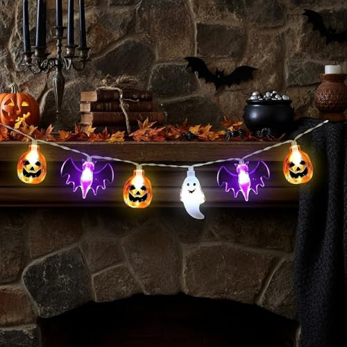 Retisee 10 ft Halloween String Lights - 3D Pumpkin Ghost Bat Battery Operated