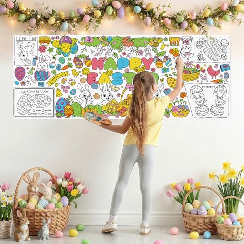 Large Easter Coloring Table Cloth - Spring Rabbits & Flowers Kids Poster - Easter Party Supplies - 30x72 Inches