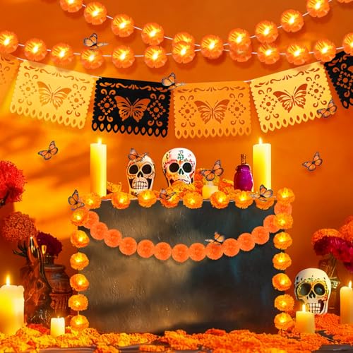Day of the Dead Decorations Set with LED Marigolds & Butterflies - Fiesta Party Supplies