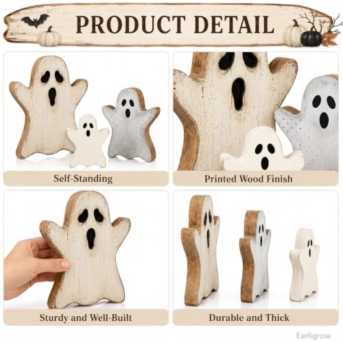 Halloween Ghost Decor Set - Crackle Distressed Wooden Ghosts for Indoor Home Halloween Decorations