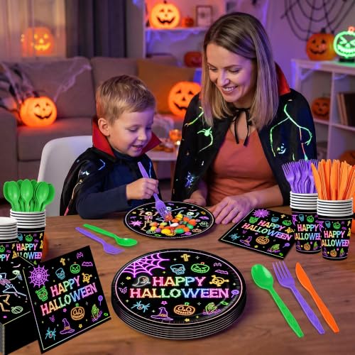 Neon Halloween Party Supplies Set - 168 Pieces for 24 Guests
