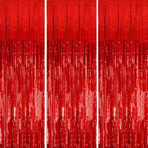 Shiny Red Foil Fringe Curtain Backdrop for Party Photo Booth Decorations - 3 Pack