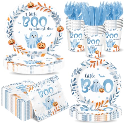 Blue Baby Shower Paper Plates Napkins Cups & Cutlery - Spooky Halloween Theme - Serve 24 - Variation: Blue