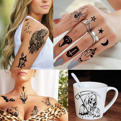 Halloween Temporary Tattoos Skull Design for Kids & Adults - 52 Sheets, Waterproof, 3D Face & Body Stickers, Spooky Face Skull Variation