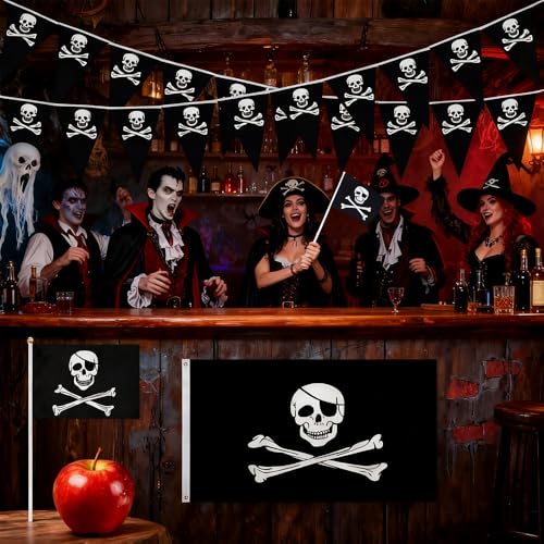 Pirate Day Party Flag Set with Skull Banner and Handheld Flags - Indoor Outdoor Decor