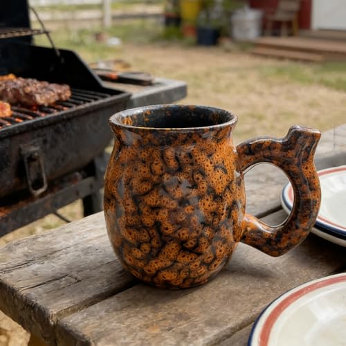Handcrafted Ceramic Coffee Mug - 13 oz Rustic Orange Handle for Dad