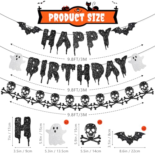 Pre-String Black Happy Birthday & Halloween Skull Banner Glitter Decorations