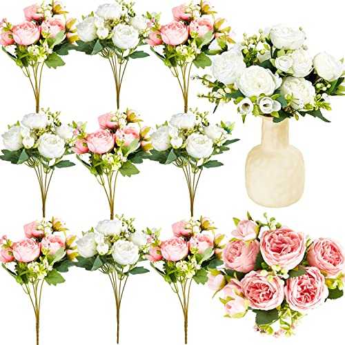 Silk Peony Flower Bundles - White & Pink Faux Flowers for Home & Wedding Decor - 12 Pack