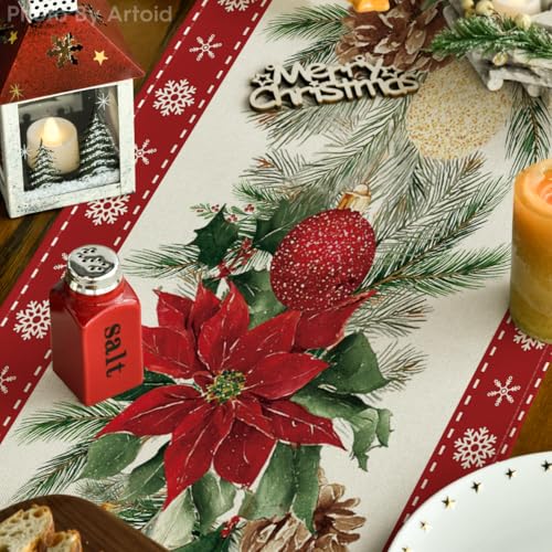 Christmas Poinsettia Table Runner 13x60 Inch Holiday Home Decor - Red Variation