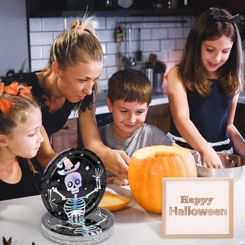 Skeleton Halloween Party Plates - Iridescent Silver 9 Inch Disposable Dinnerware Set with Color-Changing Holographic Effect