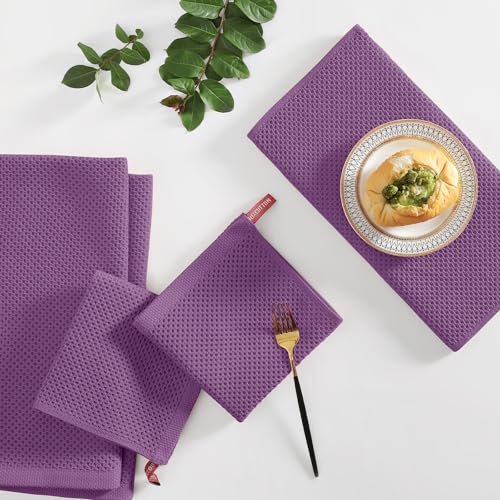 Purple Cotton Kitchen Towels & Dishcloths Set - 8 Pack, Soft & Absorbent