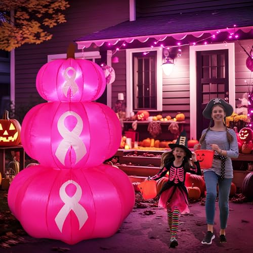 6ft Pink Ribbon Inflatable Pumpkin for Breast Cancer Awareness with LEDs
