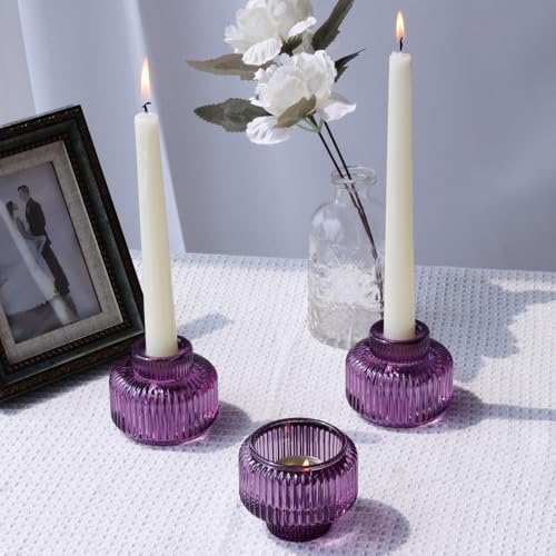 Purple Candlestick Holders Set of 4 - Vintage Glass Taper Candle Holders for Halloween Thanksgiving Christmas Fall Weddings