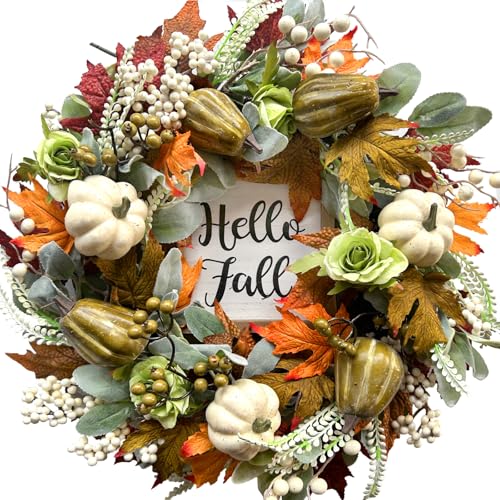 Fall Wreath 22 Inch Autumn Door & Wall Decor with Pumpkin Maple Leaves
