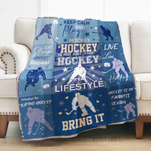 Hockey Blue Throw Blanket 60x80 Inches - Soft Flannel Ice Hockey Gift for Boys Girls Teens Adults