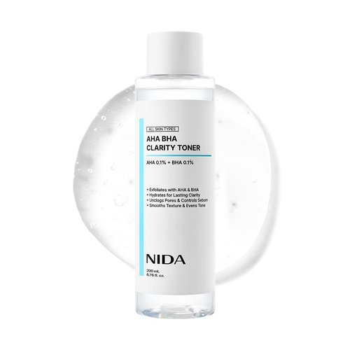 NIDA AHA BHA Clarity Toner | AHA 0.1%, BHA 0.1%, Niacinamide,Centella Asiatica | Exfoliate, Hydrate, Pore Control, Evens Tone | 6.76 fl. oz., 200ml