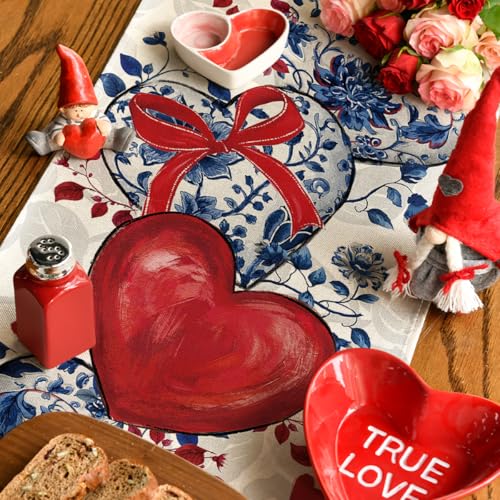 Hearts Bow Valentine's Table Runner 13x90 Inch Red Blue Home Decor