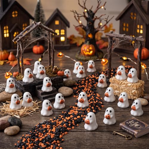 Mini Ghost Pumpkin Figurines Bulk - 50 Pieces Halloween Decorations - Variation of 50 / Ghost