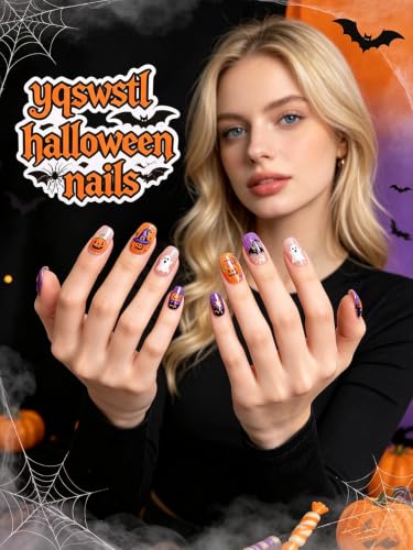 Multicolor Halloween Coffin Press On Nails with Pumpkin Bat & Ghost Design - Medium, 24 Pieces