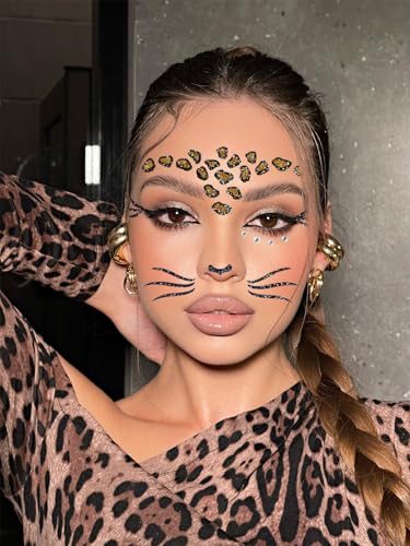 Leopard Cat Ears Headband with Face Jewels Halloween Costume Accessories for Women - Variation: Leopard Cat