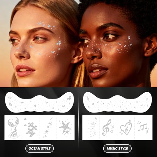 Multi-Style Silver Glitter Freckles Face Tattoos & Gems Set - 30PCS