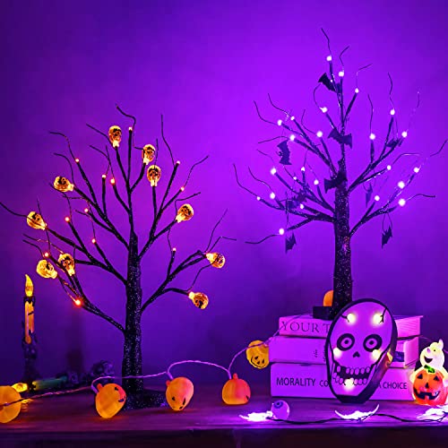 2 Pack Lighted Halloween Bonsai Tree with Purple LED Lights & Bat Ornaments - 18 Inch Spooky Decor