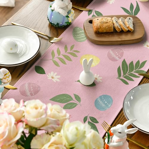 Pink Bunny Eggs Leaves 13x90 Inch Easter Table Runner Seasonal Spring Home Decor