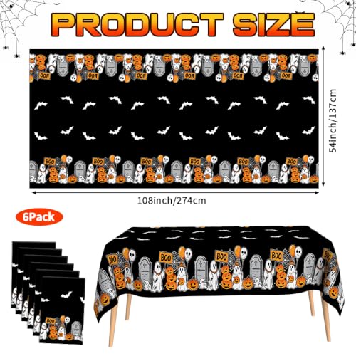 6 Pack Halloween Disposable Plastic Tablecloths - Black Ghost Pumpkin Design