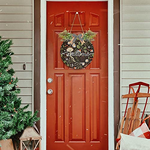 Mushroom Daisy Welcome Sign Farmhouse Front Porch Decor Door Hanging Wreath - 12 x 12 in