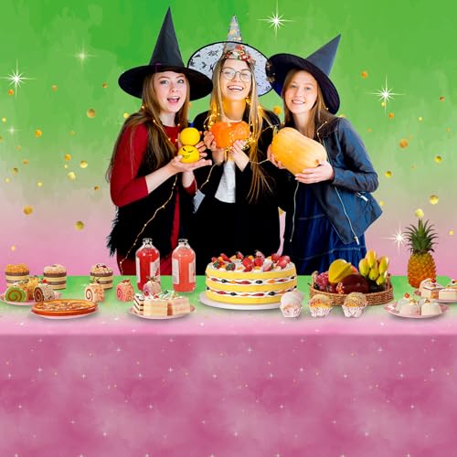 1pcs Pink and Green Witch Party Tablecloth - 54x108 Inch Disposable Rectangular Cover for Kids Baby Shower Birthday