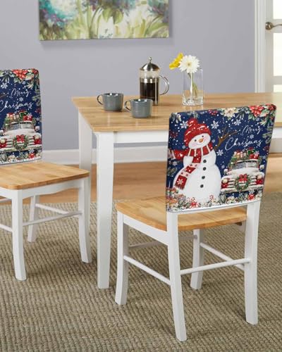4 Pcs Navy Blue Christmas Snowman Chair Covers for Dining Room - Xmas Truck & Poinsettia Linen Protectors