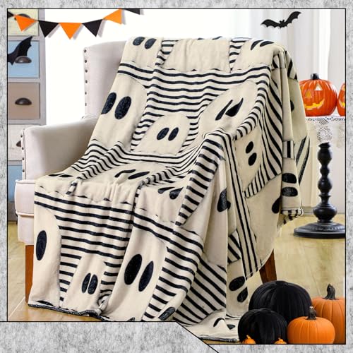 Ghost Halloween Throw Blanket Cute Ghost Stripe Blanket Black White Variation