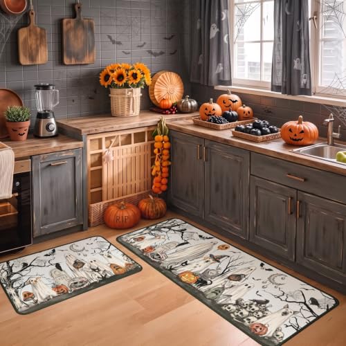Halloween Horror Kitchen Rugs Set of 2 Non Slip Washable Indoor Floor Mats