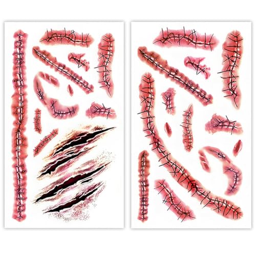 Fake Scar & Bloody Wound Temporary Tattoos - Halloween Horror Makeup Stickers - 25 Sheets