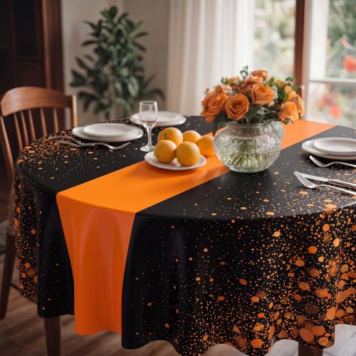 6 Pcs Black and Orange Round Plastic Tablecloths - 84 Inch Disposable Party Cover