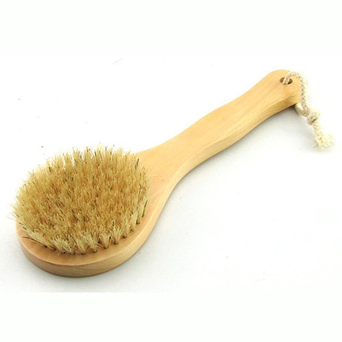 HiKin 9.84 Inch Dry Body Brush Back Scrubber, Wooden Short Handle Natural Bristles Bath & Shower Brush.