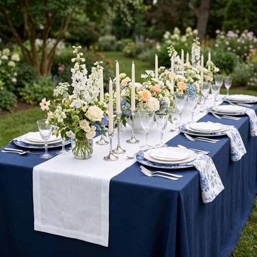 Pure Linen Table Runner White Extra Long 14x156 in - Fete Style, Handcrafted