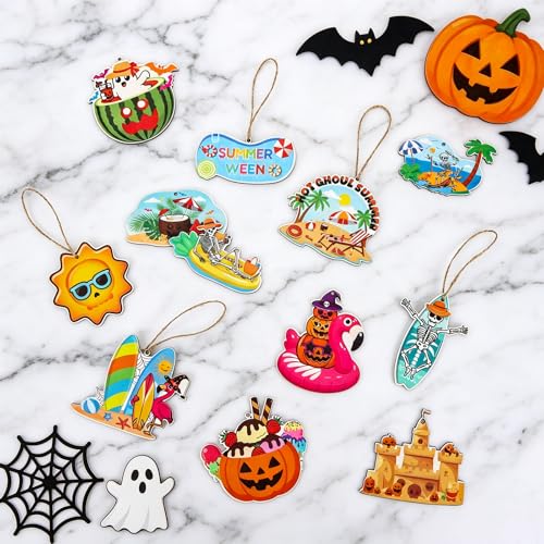 Summer Halloween Tree Ornaments Set - Wooden Tropical & Spooky Decor, 24 Pieces