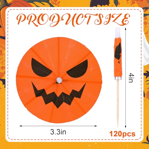 120 Pcs Summer Halloween Cocktail Umbrellas Drink Picks Pumpkin Design