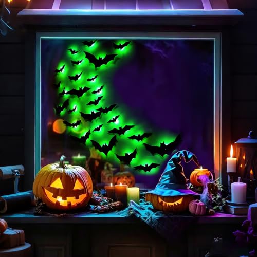 36 Pack LED Glowing Halloween Bat Wall Decorations - 3D Flying Window Decals, Green Lights