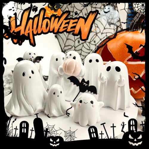 Halloween Cute Ghost Figurine with Red Heart - Ceramic Halloween Decor, Shelf or Mantel Decoration - Variation of THIS listing