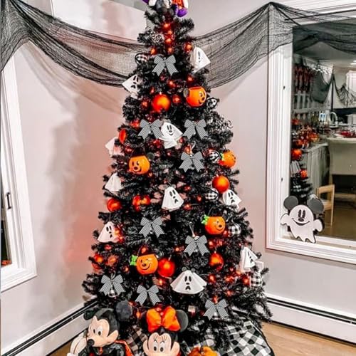 Black White Stripe Bow Decorations - 12 Pack Halloween & Holiday Ornaments for Christmas Tree Wreath Wall Home Decor