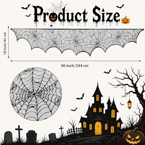 Halloween Fireplace Mantel Scarf - Black Lace Spiderweb Decor 18x96 Inches