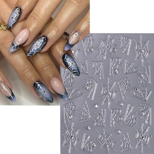 Halloween Nail Stickers Set - 4 Sheets 5D Embossed Spider Web Ghost Rhinestones